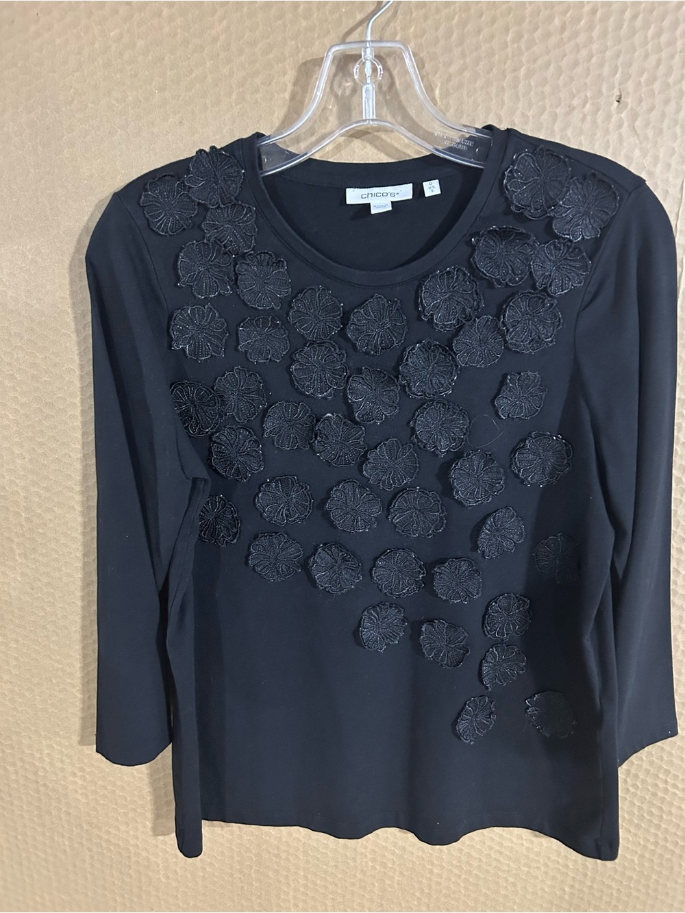 Chico's Black Floral Appliqué Crew Neck Tee